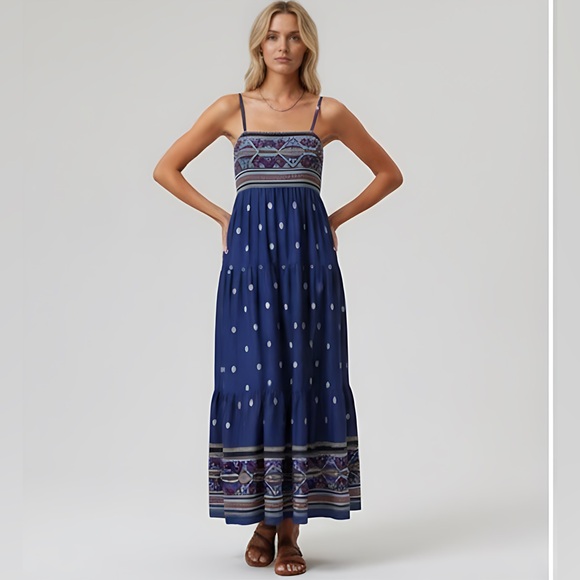 By Design Dresses & Skirts - Blue Boho Geo Print Ruffle Hem Cami Dress